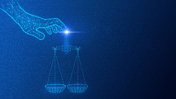 Conceptual illustration of AI ethics with a hand balancing scales