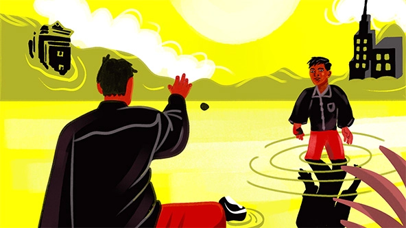 Two people throwing pebbles into water