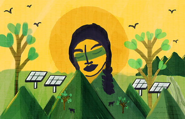 oversized Indigenous figure among landscape with mountains, solar panels, trees