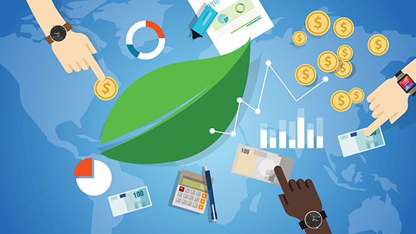 Map of the world covered by symbols of sustainable growth: green leaf, coins, calculator, charts, graphs