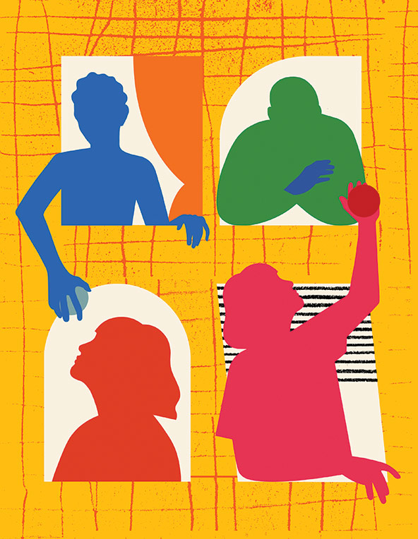 Four figures leaning out of four windows and sharing fruit