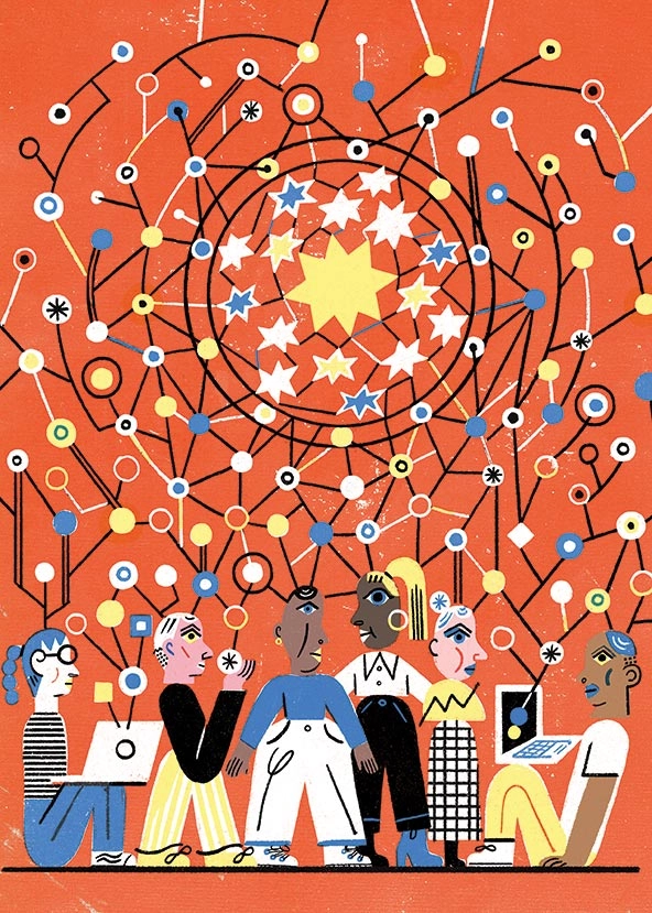 Six people below a web connecting stars and circles