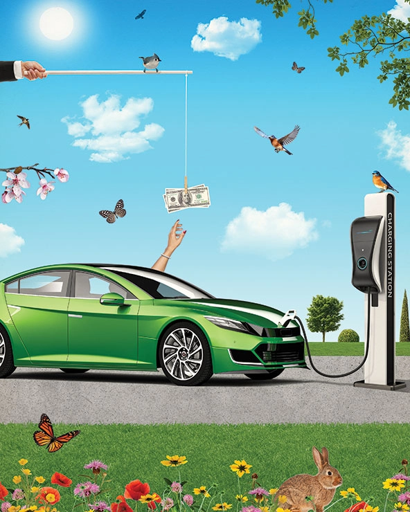 Hand dangling money on a fishing poll over a green electric car plugged into a charging station.