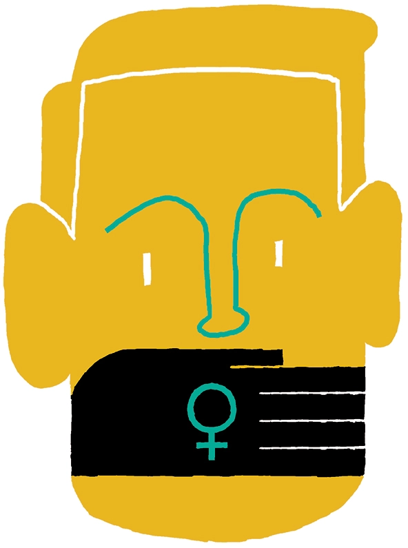 Man with a hand over his mouth that has the female symbol, or a circle with a small cross underneath, on it