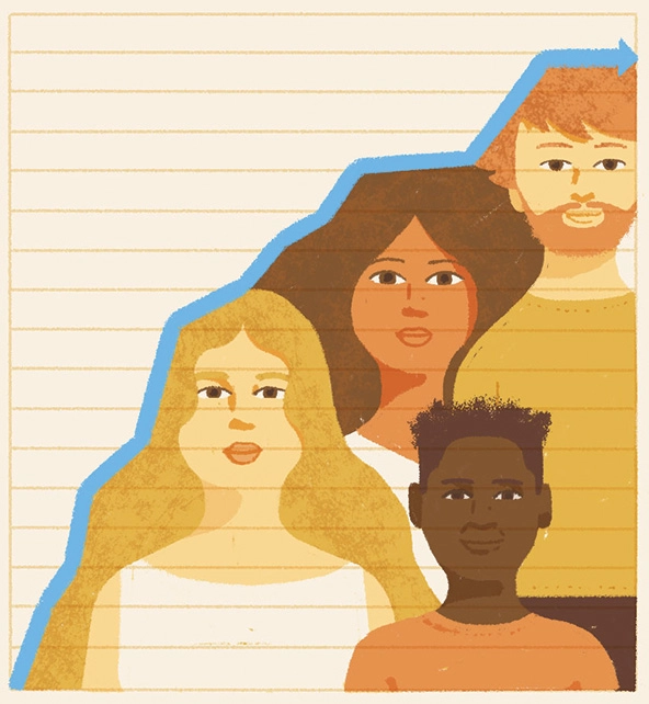 Drawing on lined paper of four people grouped together and outlined on the left by a blue line that ends in an arrow tip at the top