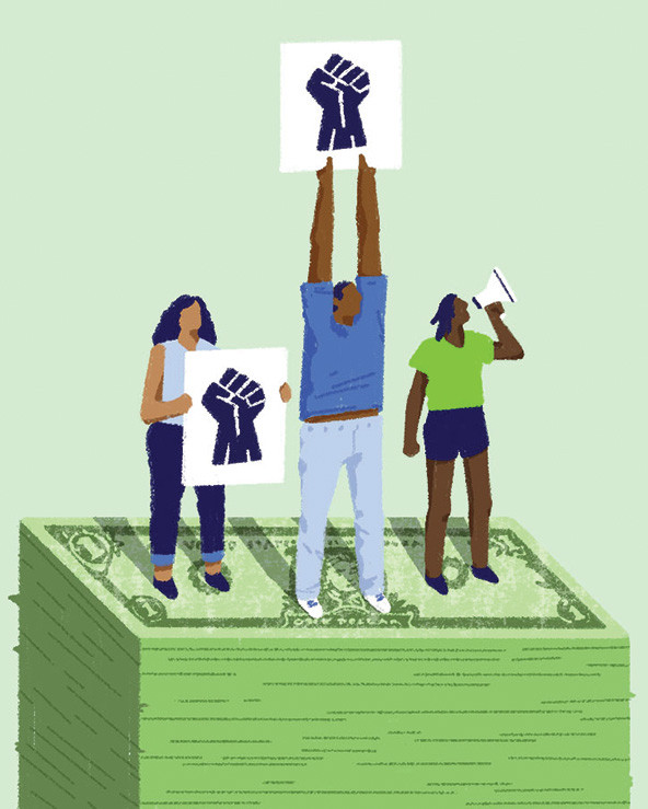Three Black people holding signs with fists and one with a megaphone standing on a stack of bills.