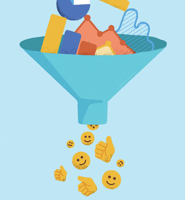 Illustration of shapes going into a funnel and smiley faces and thumbs-up symbols coming out the bottom.