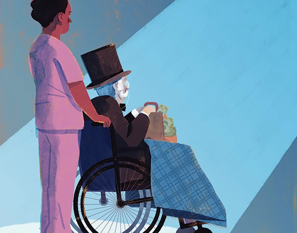 Cargegiver pushing an old man wearing a top hat in a wheelchair