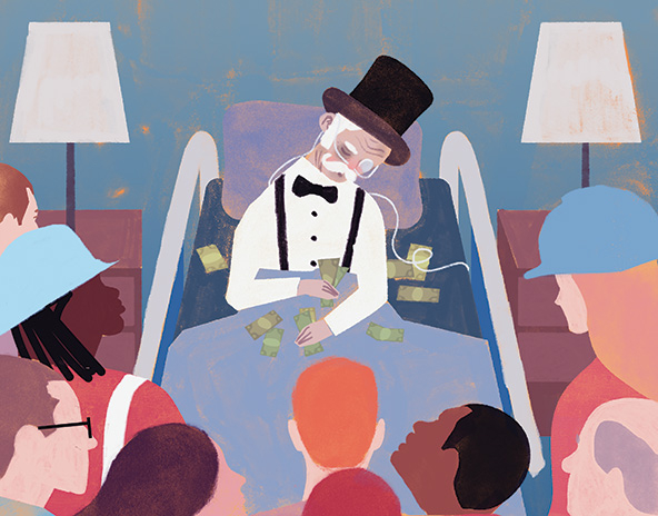 Old man in top hat and bow tie slumped over in a hospital bed