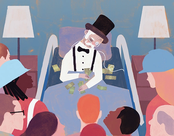 Old man in top hat and bow tie slumped over in a hospital bed