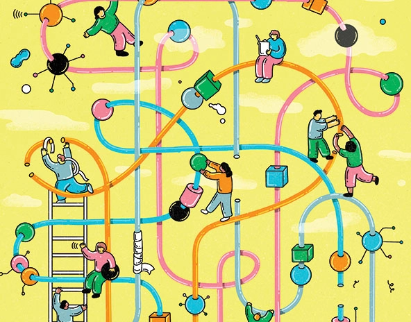 Small figures with shapes on a bead maze.