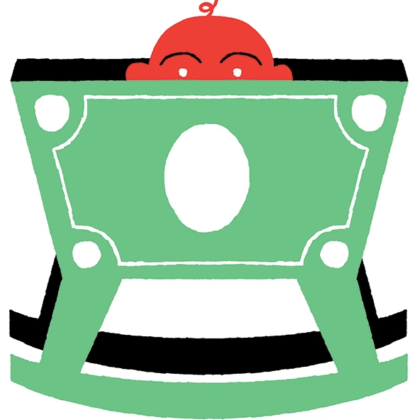 Baby peeking out over the edge of a cradle