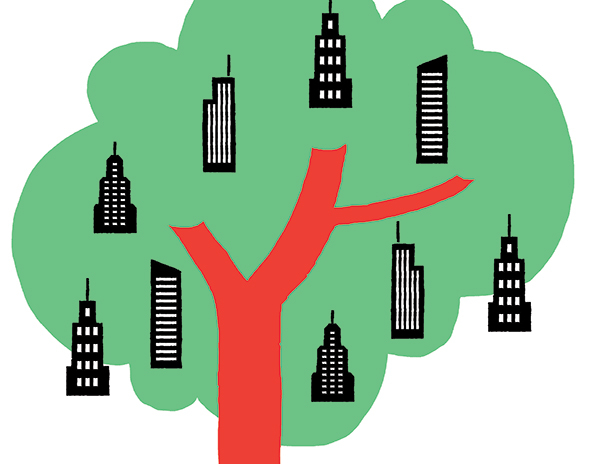 Tree with drawings of skyscrapers in the leaves