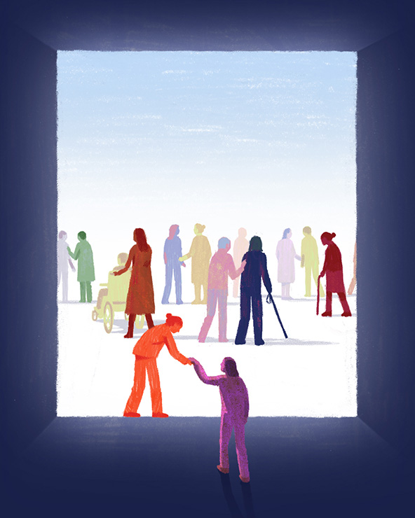 Person holding out hand to help someone, Patients in the background