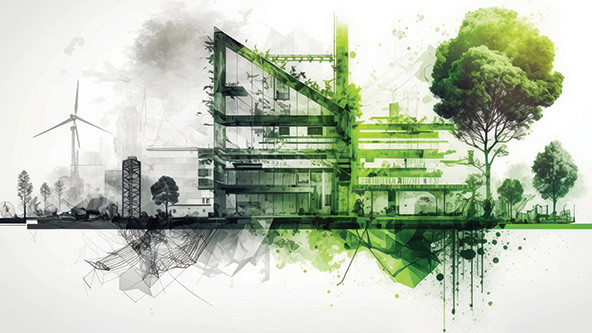 Computer-generated image showing building construction and climate change with gray to green color palette