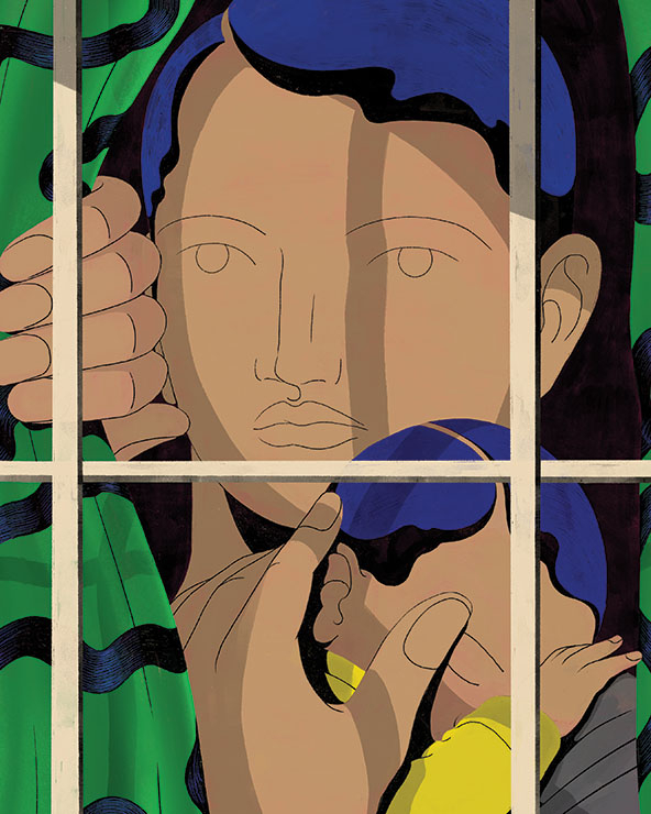 Woman holding a baby on her shoulder and looking out a window while pulling back the curtain