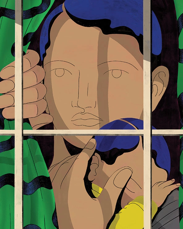 Woman holding a baby on her shoulder and looking out a window while pulling back the curtain