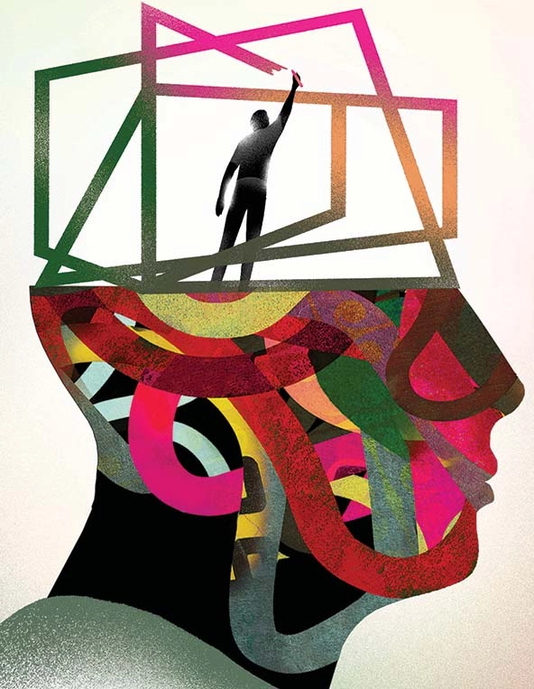 Profile of head with figure building the top half of the skull with lines