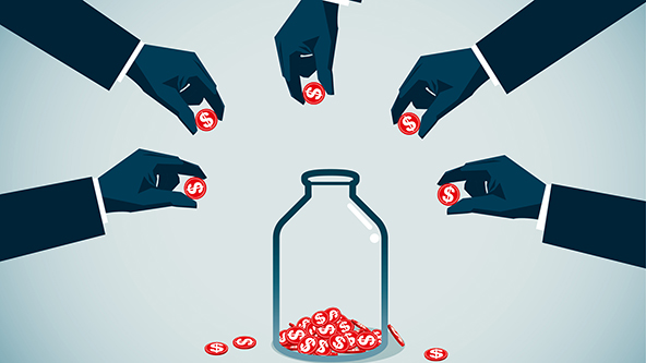 Hands putting coins into a jar