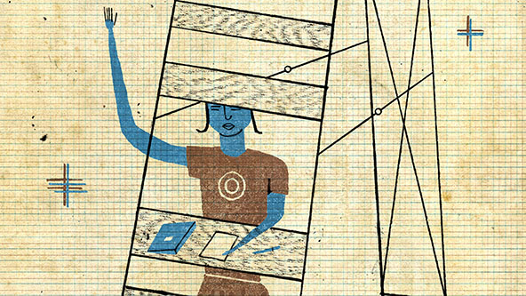 Student sitting on ladder steps that are their desk