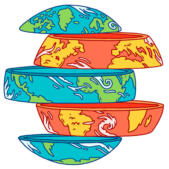 Globe cut in horizontal slices, alternating red and blue shades