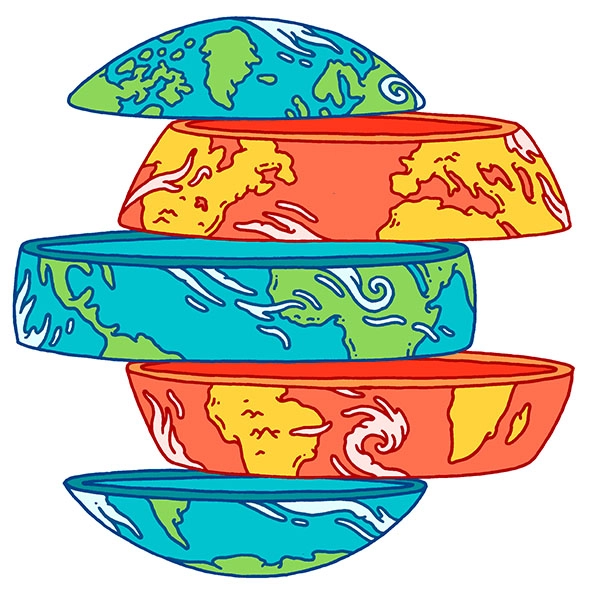 Globe cut in horizontal slices, alternating red and blue shades