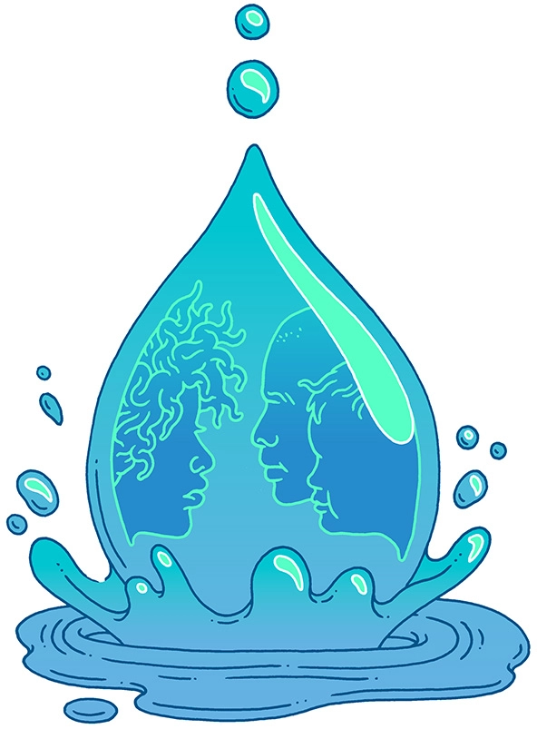 Drop of water with faces splashes into water