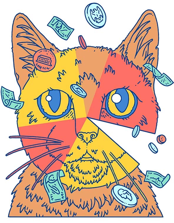 Cat with a face that looks like a pie chart and bills and coins floating in the air