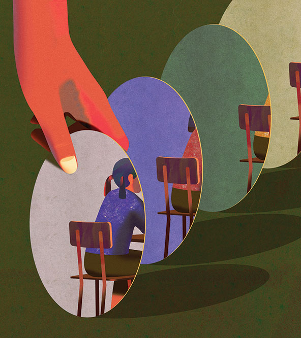 Student sitting at desk moving up through a series of ascending ovals