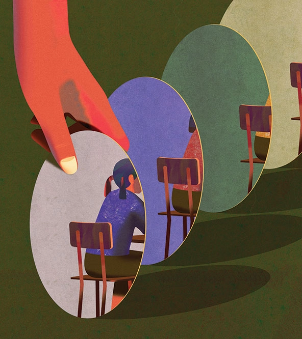 Student sitting at desk moving up through a series of ascending ovals