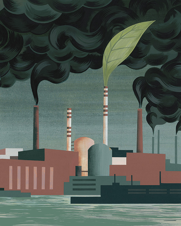 A factory with smog coming out of several smokestacks; a green leaf coming out of one smokestack