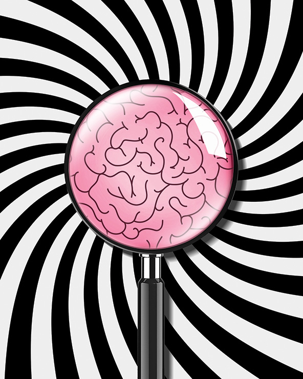 Black and white spiral around a magnifying glass on a brain