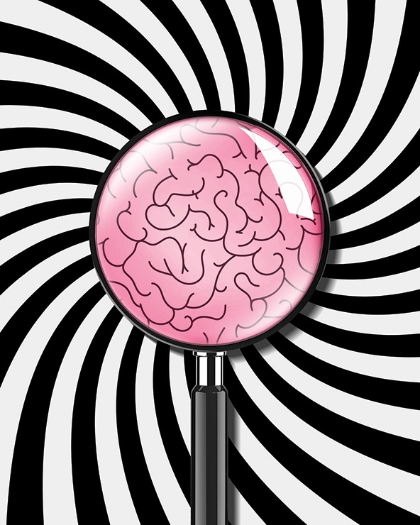 Black and white spiral around a magnifying glass on a brain