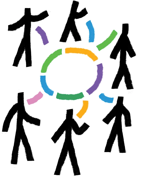 Stick figures standing around a multi-colored circle
