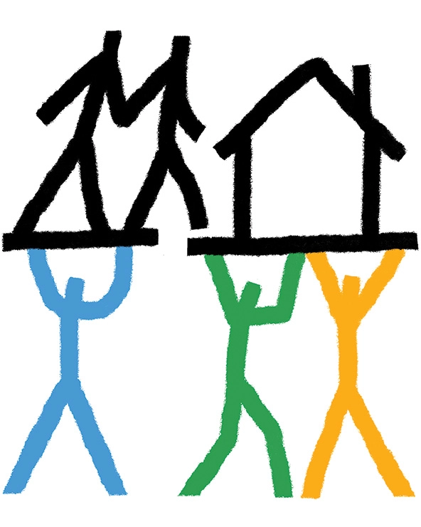 Stick figures carrying people and a house