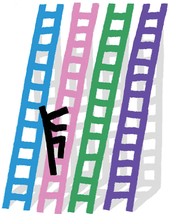 Stick figure climbing up a ladder