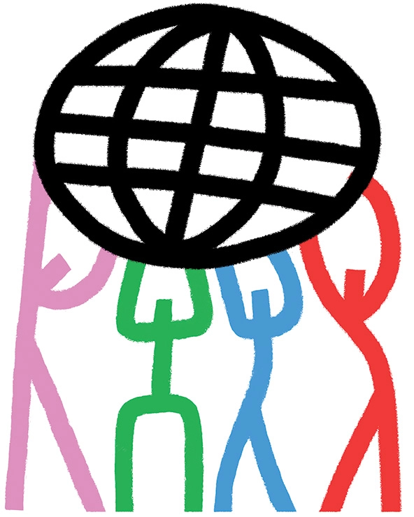 Multi-colored stick figures holding up a globe