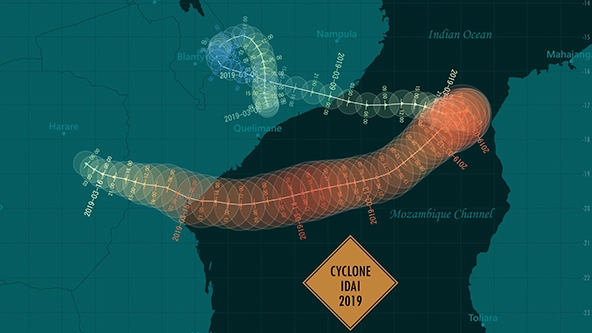 Map projection of the path of Cyclone Idai across the Mozambique Channel and into Zimbabwe