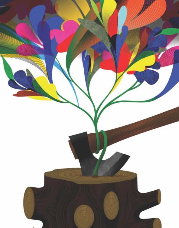 illustration of an axe in a log beneath a swirl of colorful leaves