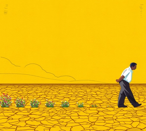illustration of a man walking across a desert landscape with a gold background