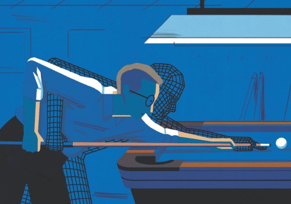 illustration of a man playing pool on a blue background