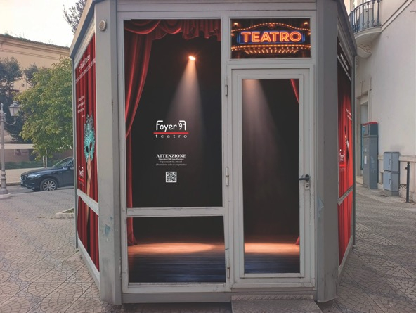 the converted kiosk theater in a plaza