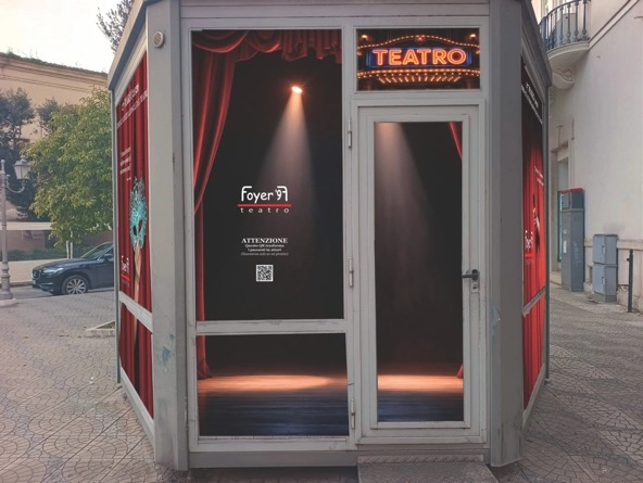 the converted kiosk theater in a plaza
