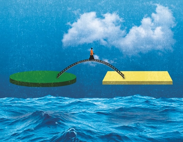 drawing of a figure crossing a bridge made of a ladder going from a green disc floating above water to a yellow square
