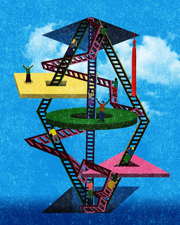 Drawing of platforms of educational imagery rising vertically with ladders
