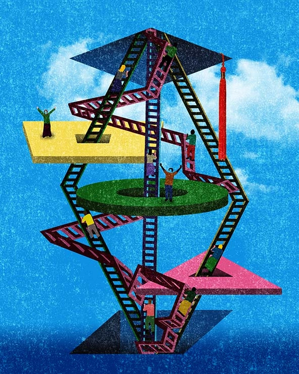 Drawing of platforms of educational imagery rising vertically with ladders

