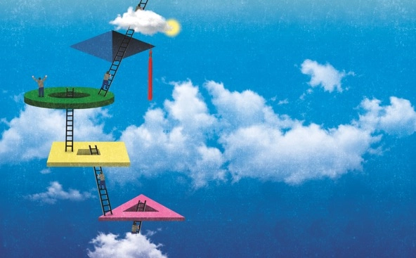 drawing of educational imagery rising skyward with ladders