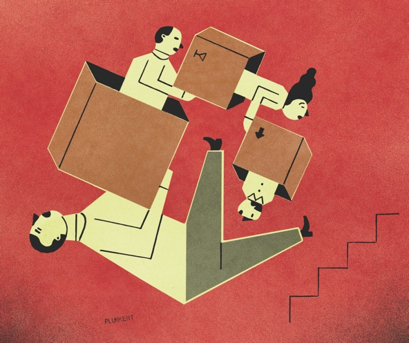 drawing of human figures arranged in a spiral while holding moving boxes