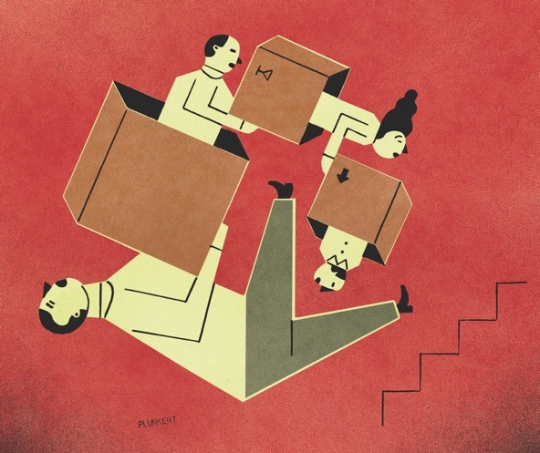 drawing of human figures arranged in a spiral while holding moving boxes