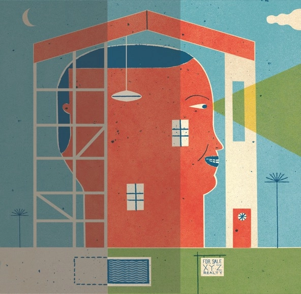 drawing of profile of a human head inside a house